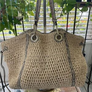 VINCE CAMUTO NEW STRAW SHOULDER BAG SNAKESKIN EMBOSSED LEATHER TRIM DOUBLE STRAP
